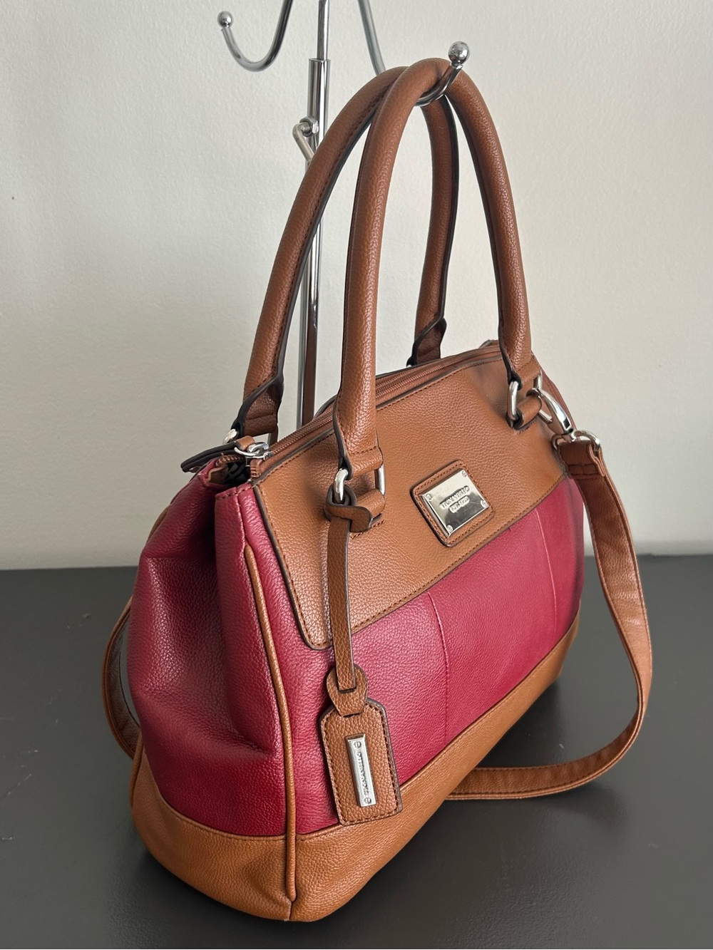 Tignanello Colorblock Leather Satchel Crossbody Brown Burgundy Pebbled Leather - Picture 4 of 14